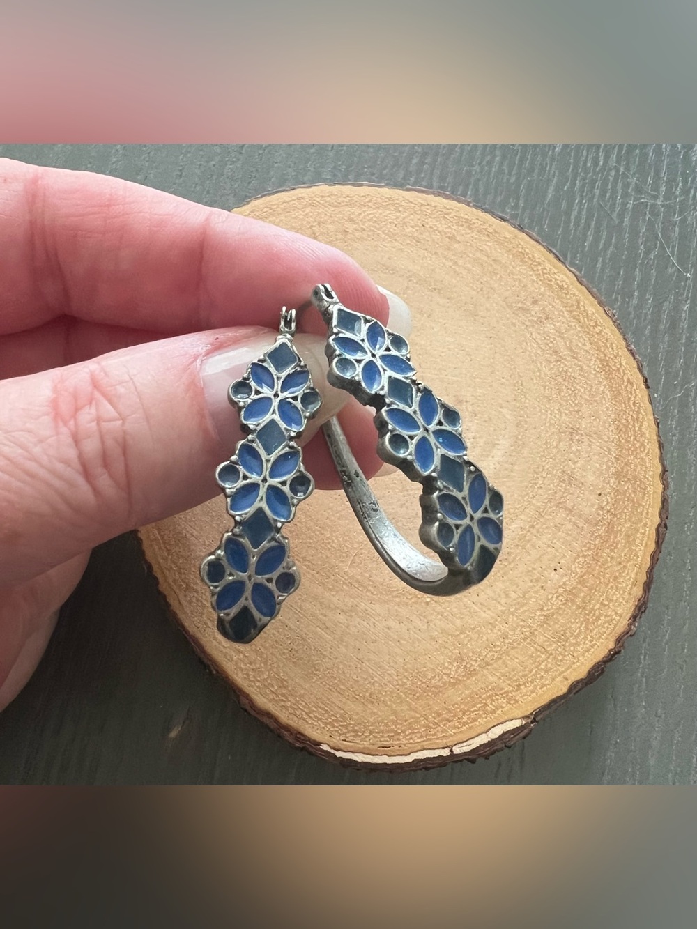 Lucky Brand Blue Floral Enamel Hoop Earrings - Women Jewelry